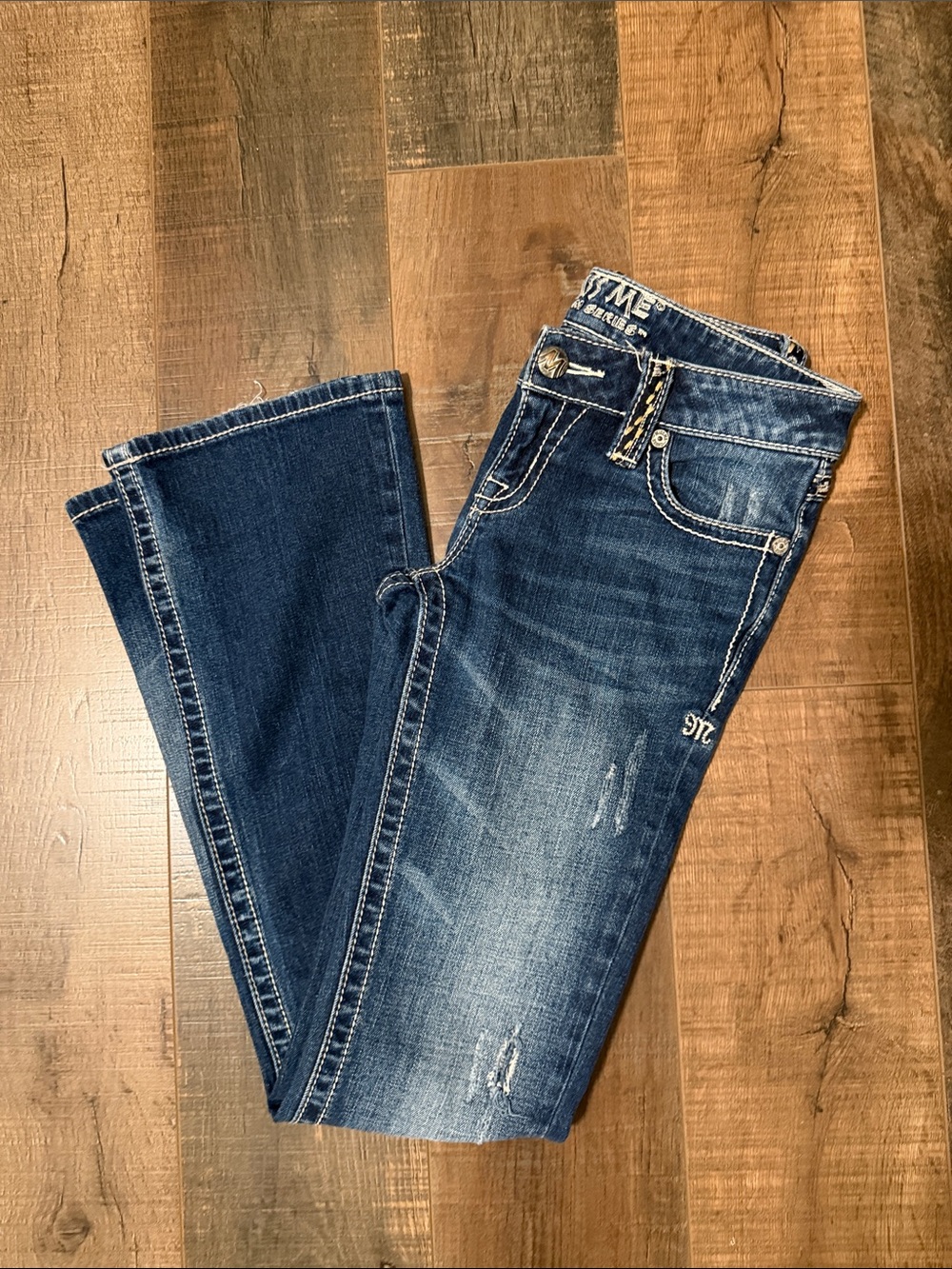 Miss Me Dark Blue Bootcut Jeans with Faded Distress